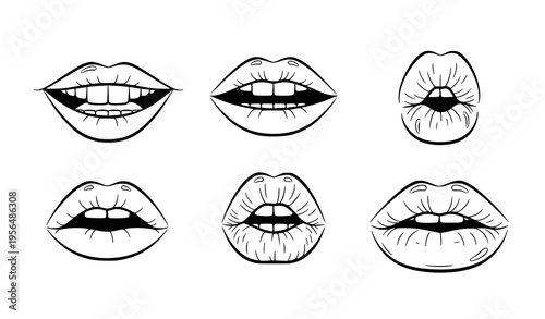 Sexy lips expressions outline vector kiss smile and glossy lip shapes set