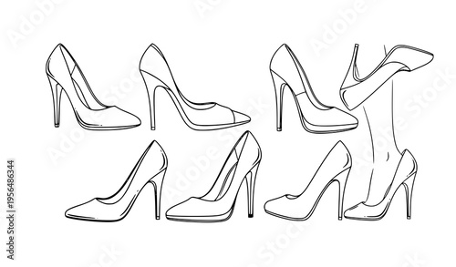 High heels fashion outline vector elegant shoes and stylish feminine poses