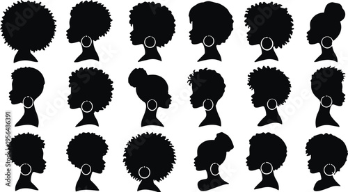 Black woman profile silhouette collection with diverse natural afro hairstyles, curly hair, buns, and hoop earrings for beauty and fashion