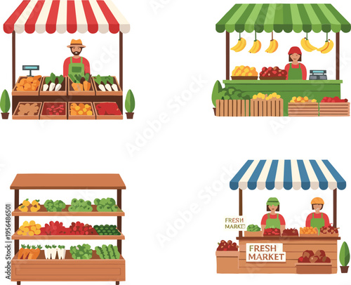 Farmers market stalls set with fresh fruits vegetables vendors street shop organic food flat vector illustration collection