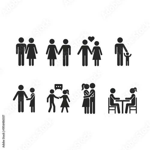 Black silhouette icons depicting various human relationships and interactions