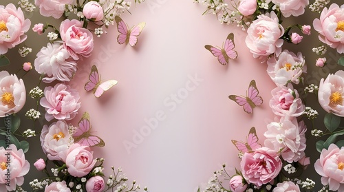 Pastel Floral Butterfly Garden Invitation Background with Blank Center for Text