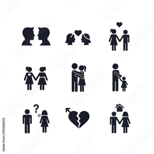 Black silhouette icons depicting various romantic relationships and love concepts