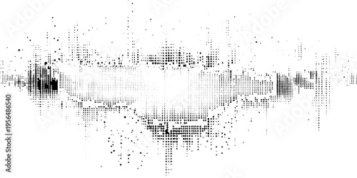 Black and white abstract graphic with radiating speed lines and halftone dots creating an explosion effect.