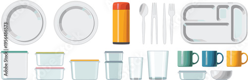 Collection of kitchen utensils tableware containers cups plates cutlery and lunchbox items isolated for food storage dining vector illustration