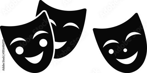 Black silhouette set of comedy and tragedy theater masks with smiling faces isolated on white background for drama and performing arts