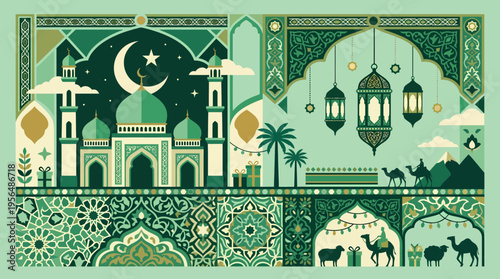 Eid Mubarak Illustration with Mosque, Lanterns, and Desert Scene.