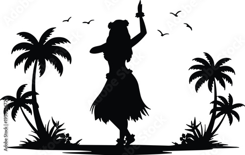 Black silhouette of hula dancer on tropical beach with palm trees and birds, Hawaiian island vacation vector, traditional aloha culture art.