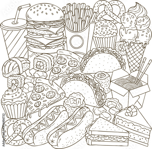 Collection of doodle style fast food and sweet items, drawn with fine lines and arranged in a chaotic pattern on a transparent background