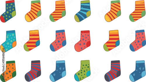 Colorful socks collection set with patterns hanging laundry cute textile fashion flat vector illustration collection
