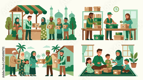 Illustrations depicting charitable acts and community support during Ramadan.