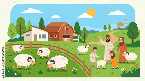 Family and Sheep on a Farm Illustration.
