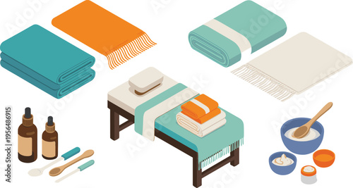 Isometric spa wellness set, massage table towels essential oils skincare treatment relaxation beauty therapy vector illustration collection design