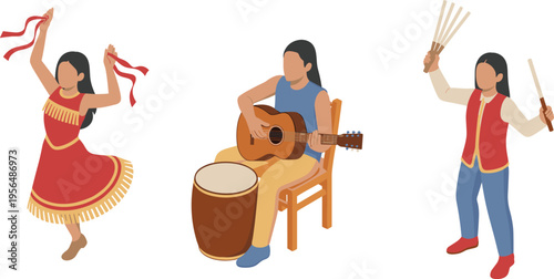 Isometric traditional dancers and musicians performing cultural dance with guitar and percussion, folk celebration scene, people in ethnic costumes illustration