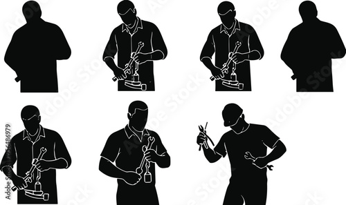 Black silhouette of a professional mechanic technician holding a wrench and tools working on repair service maintenance, industrial manual worker character illustration vector.