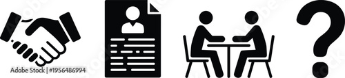 Black silhouette icons of handshake, resume document, job interview, and question mark representing recruitment process hiring sequence, professional career development vector illustration.