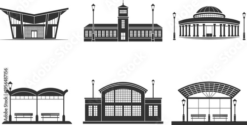 Black, and, white, illustration, of, various, urban, buildings, bus, stops, and, architectural, structures, featuring, modern, designs, and, city, transit, elements.