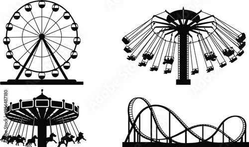 Black, and, white, illustration, of, amusement, park, rides, including, a, ferris, wheel, roller, coaster, and, carousel, for, entertainment, and, leisure.