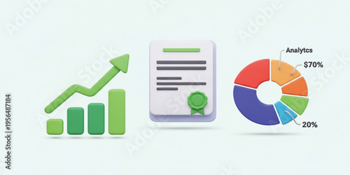 Business Analytics and Financial Growth Icons with Bar Chart, Report Document, and Pie Chart Visualization for Data Analysis, Performance Tracking, and Strategy Planning Concepts