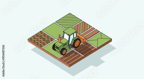 Isometric farm landscape with tractor showcasing diverse crop fields and agricultural patterns