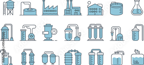 Industrial factory and laboratory equipment icons set with tanks pipelines reactors and processing systems for manufacturing vector illustration