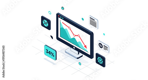 Isometric illustration of a declining financial graph on a computer screen with associated data