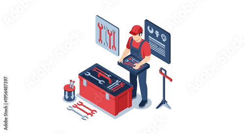 Isometric illustration showcasing a repairman with toolbox and specialized equipment in workshop