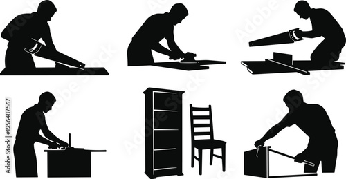 Black Silhouette Set of Carpenters and Woodworkers Using Hand Saws, Sanders, and Hammers to Build Furniture, Chair, and Bookshelf Cabinets