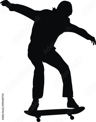 Black skateboarder silhouette jumping performing a trick on a skateboard isolated on white background for urban sports and street culture.