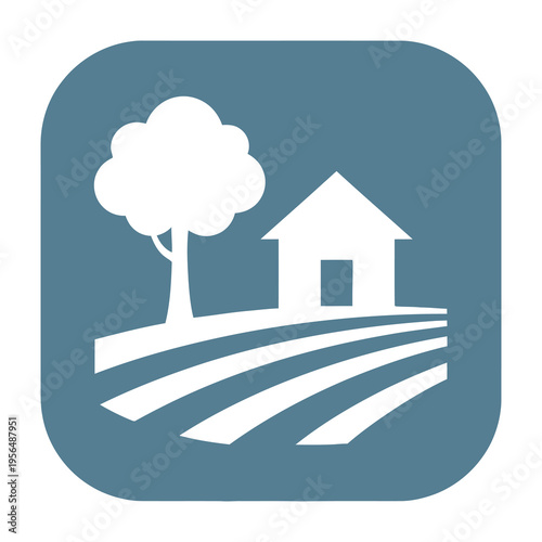 Farmhouse and tree on agricultural land icon