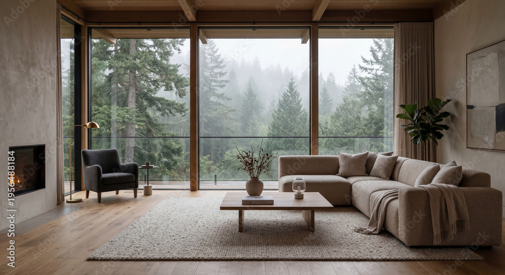 Obraz premium Cozy Modern Living Room With Fireplace and Panoramic Forest View Through Floor-to-Ceiling Windows