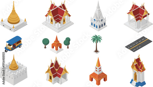 Isometric, thai, landmarks, architecture, temple, pagoda, cultural, buildings, travel, tourism, asia, heritage, illustration, vector, 3D, design, traditional, set, landmark, concept
