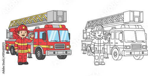 Friendly Firefighter Waving Next to a Red Fire Truck Illustration, Colored and Line Art Versions for Kids Coloring Page and Education