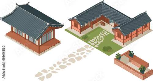 Isometric, traditional, asian, architecture, house, courtyard, wooden, building, japan, korea, style, cultural, exterior, garden, illustration, vector, 3D, design, heritage, concept