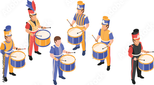Marching band drummers in uniform performing parade music, isometric musicians playing drums, festival entertainment group vector illustration isolated flat design