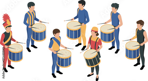 Marching band drummers performing music, isometric people playing drums, parade musicians group, festival performance vector illustration isolated flat design style