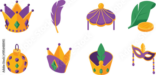 Mardi Gras carnival elements set, crowns masks feathers tent and ornaments, festive celebration accessories vector illustration isolated flat design collection