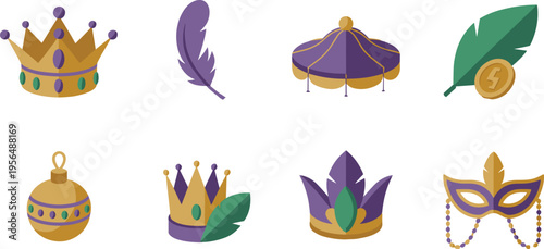 Mardi Gras festive elements set, crowns masks feathers tent and decorations, carnival celebration accessories vector illustration isolated flat design collection