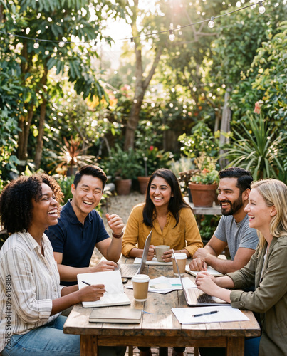 Diverse Team of Friends and Colleagues Laughing and Working Together at an Outdoor Garden Meeting