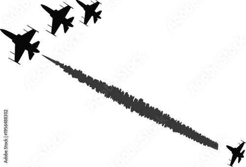 Black Silhouette of Military Fighter Jets Flying in Formation with Smoke Trail Contrail Isolated on White Background for Aviation Design
