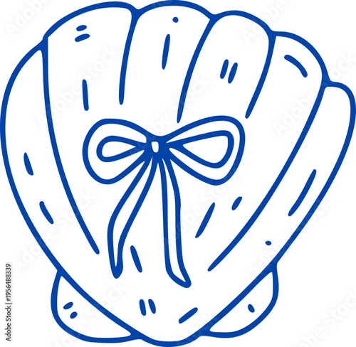 Hand-Drawn Seashell with Blue Bow Doodle Outline Colorling