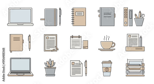 Office supplies and technology icons.