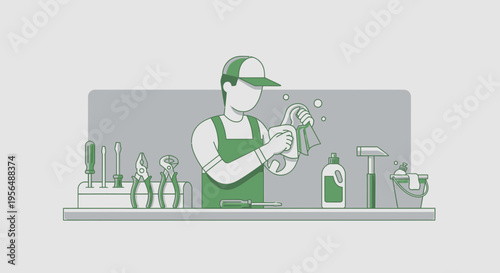 Line Art Illustration of a Person Cleaning Equipment with Cleaning Supplies and Tools