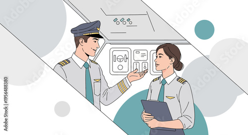 Line art illustration of two pilots in the cockpit discussing flight details over abstract shapes