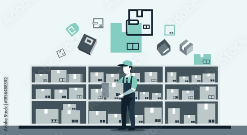 Logistics warehouse with employee managing package delivery and inventory management system