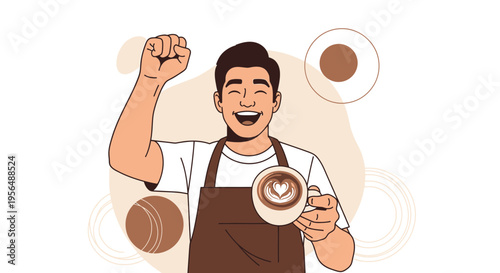 Joyful barista celebrates successful latte art creation with enthusiasm and passion