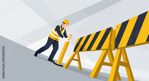 Laborer setting up safety barricades in construction zone with caution tape indicating danger ahead
