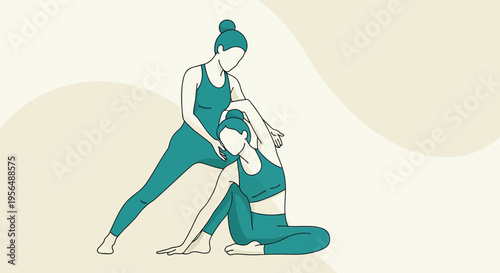 Line art depiction of assisted stretching session highlighting wellness and flexibility
