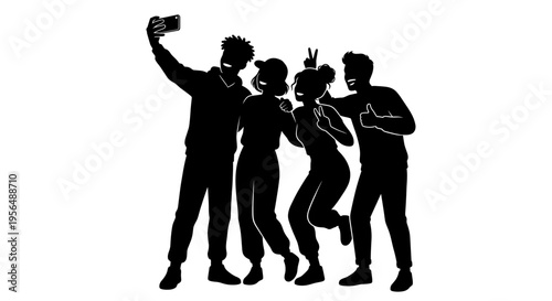 Black silhouette of a diverse group of friends taking a selfie together isolated on white background