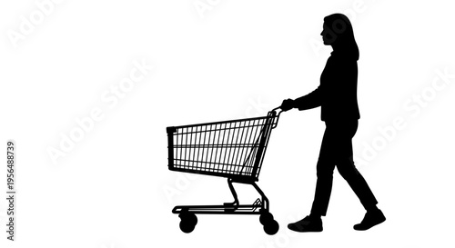 Black silhouette of a woman walking with an empty shopping cart isolated on white background